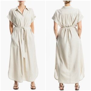 Linen Blend Minimalist Midi Shirt Dress Black/ Natural XS